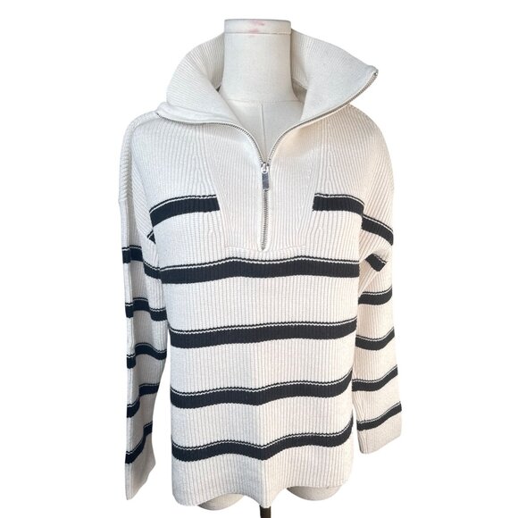 Laundry By Shelli Segal Medium Striped Half-Zip Ribbed Sweater White & Black - Picture 2 of 15